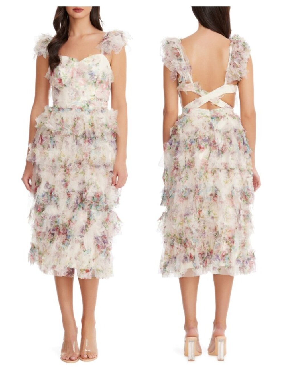 Dress the Population Kristen Flutter Sleeve Ruffle Tier Midi Dress